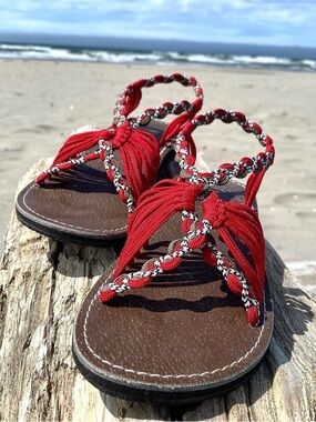 Makai Lokalani Red Braided Fringe Leather-Trim Sandals women’s 7.5 Beach Summer